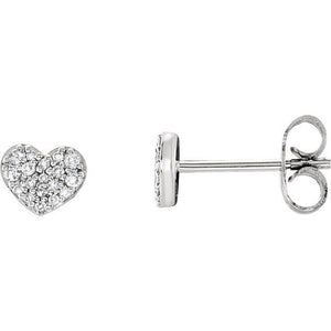 14k white gold heart stud earrings paved with diamond cluster, front and side view with butterfly backs