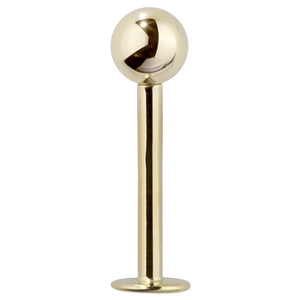 14K yellow gold 5mm ball flat back labret stud, full front view showing post and disc backing