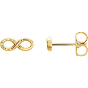 14K yellow gold infinity symbol stud earrings with front view and side profile showing butterfly backing