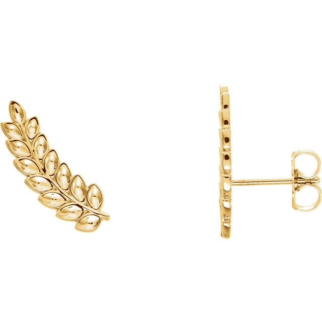 14K yellow gold leaf ear climber earrings, front and side view showing post backing