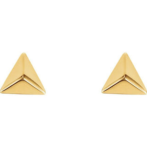 Pair of 14K yellow gold pyramid stud earrings, polished geometric 5.5mm studs shown from the front