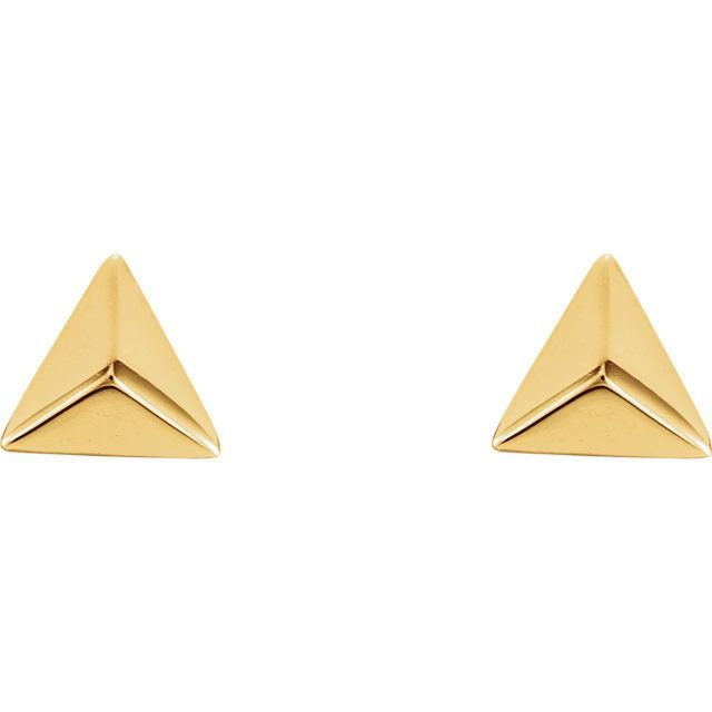 Pair of 14K yellow gold pyramid stud earrings, polished geometric 5.5mm studs shown from the front