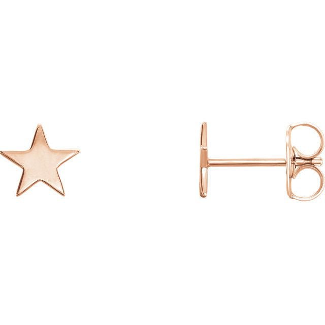 14K rose gold star stud earrings pair with warm pink-gold finish and butterfly push-back backing