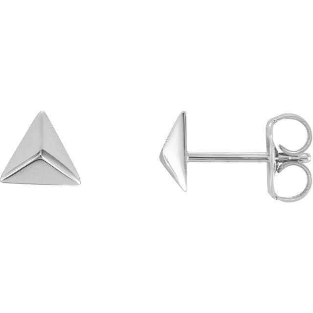 14K white gold pyramid stud earring front view beside side profile showing post and butterfly back