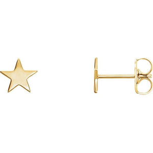 14K yellow gold star stud earrings pair shown front and back with butterfly push-back closure