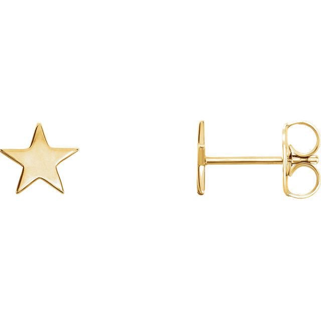 14K yellow gold star stud earrings pair shown front and back with butterfly push-back closure