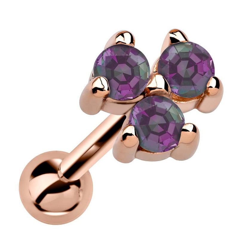 14k rose gold triple alexandrite cartilage stud with iridescent purple stones in cluster, angled view