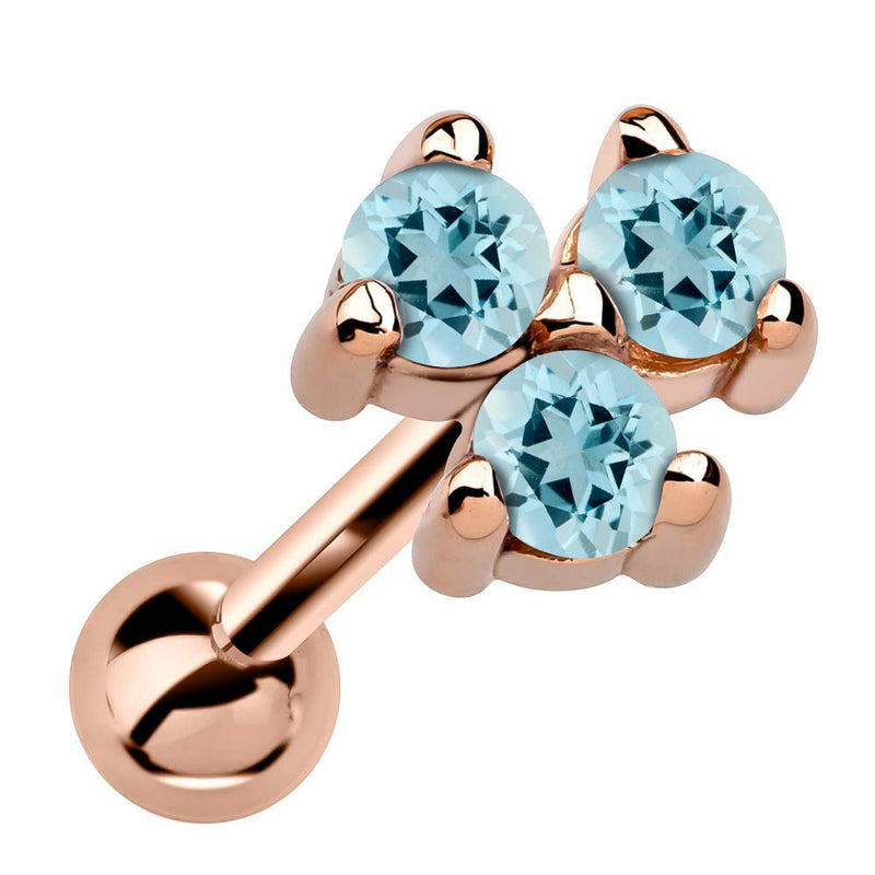 14k rose gold triple aquamarine cartilage stud with pale blue stones in prong cluster, angled view