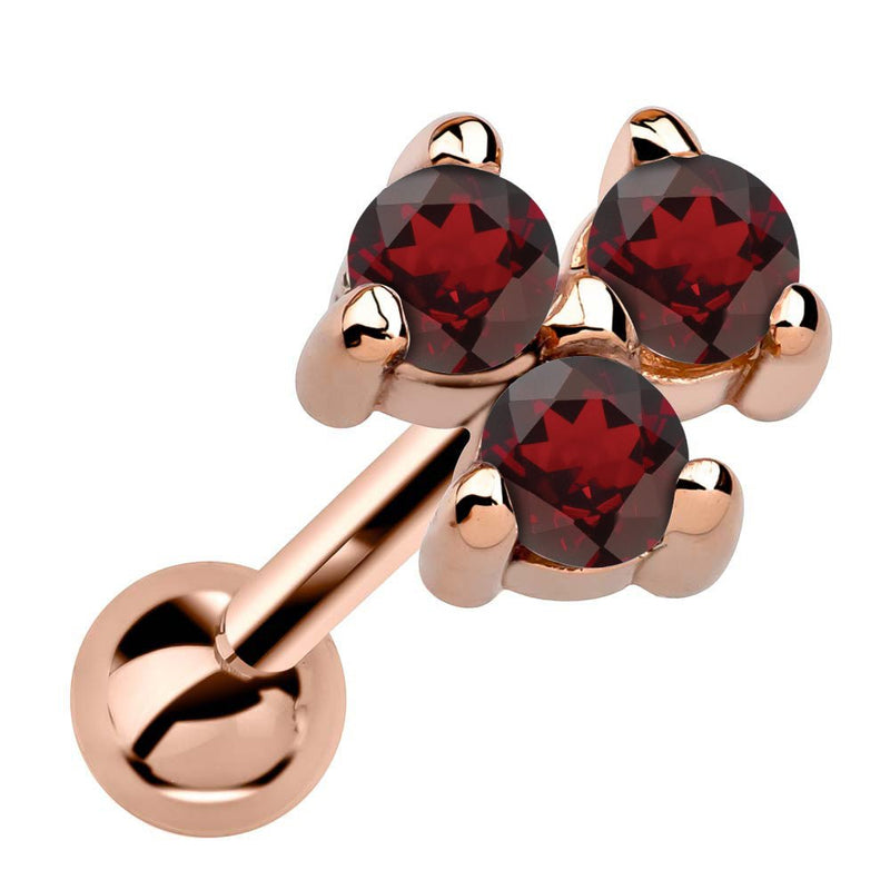 14k rose gold triple garnet cartilage earring with deep red stones in triangle cluster setting, angled view