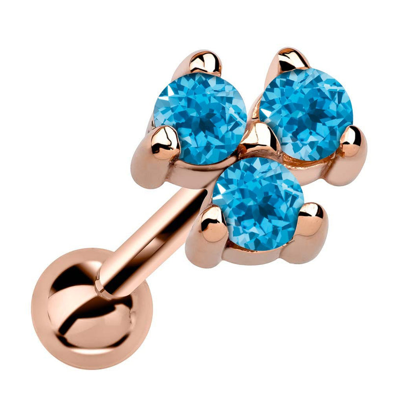 14k rose gold triple blue topaz cartilage stud with bright teal stones in prong cluster, angled view
