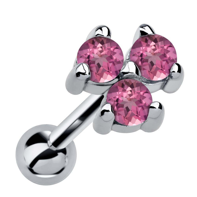 14k white gold triple tourmaline cartilage earring with pink stones in prong cluster setting, angled view