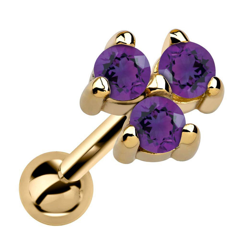 14k yellow gold triple amethyst cartilage earring with deep purple stones in triangle cluster, angled view