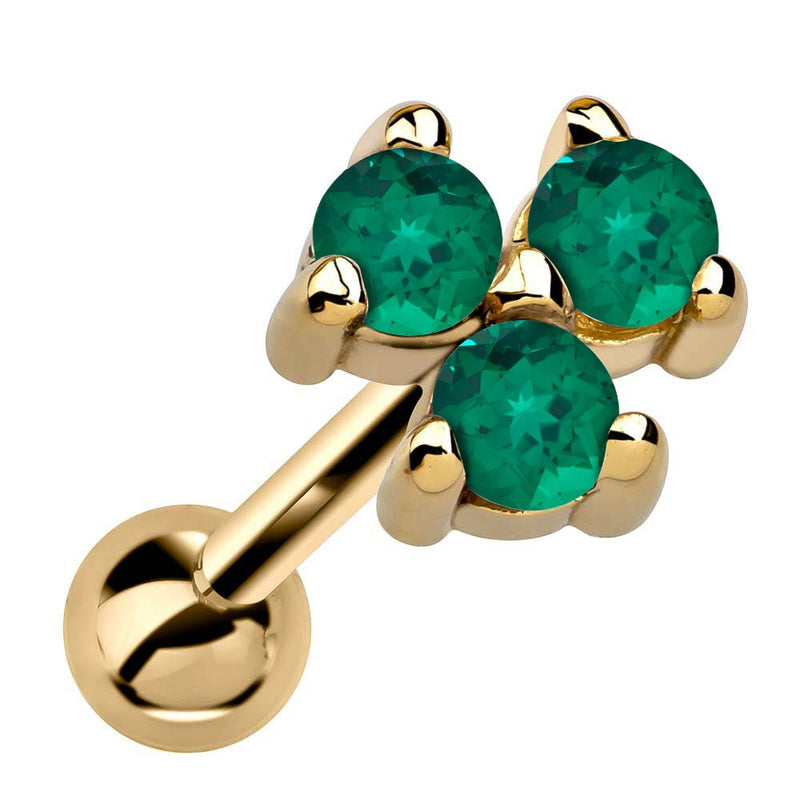 14k yellow gold triple emerald cartilage earring with vivid green stones in prong cluster, angled view