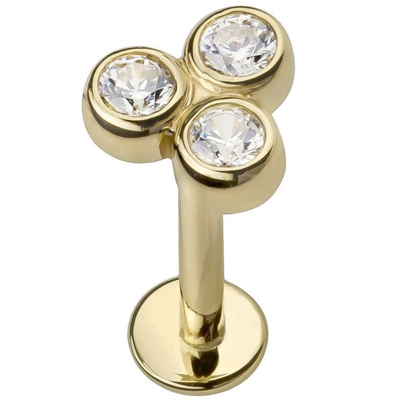 Cubic Zirconia Trinity 14K Gold Labret Lip Tragus Earring-14K Yellow Gold 16G
