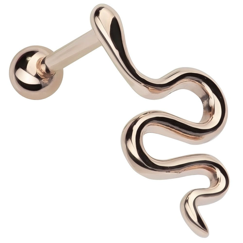 14k rose gold snake charm cartilage stud earring showing warm tone and slithering shape