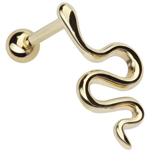 14k yellow gold snake charm cartilage stud earring with ball back, front view