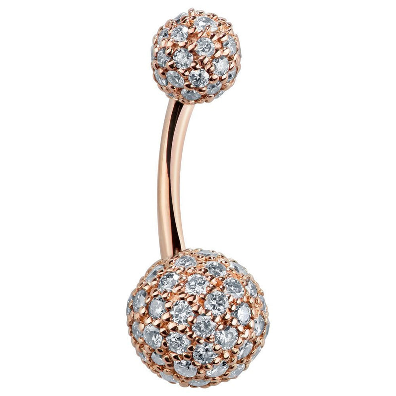 14k rose gold diamond pave belly ring showing dual pave balls and curved barbell, side view