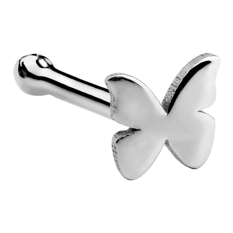 14K white gold butterfly nose bone, side angle showing rounded bone tip and butterfly charm