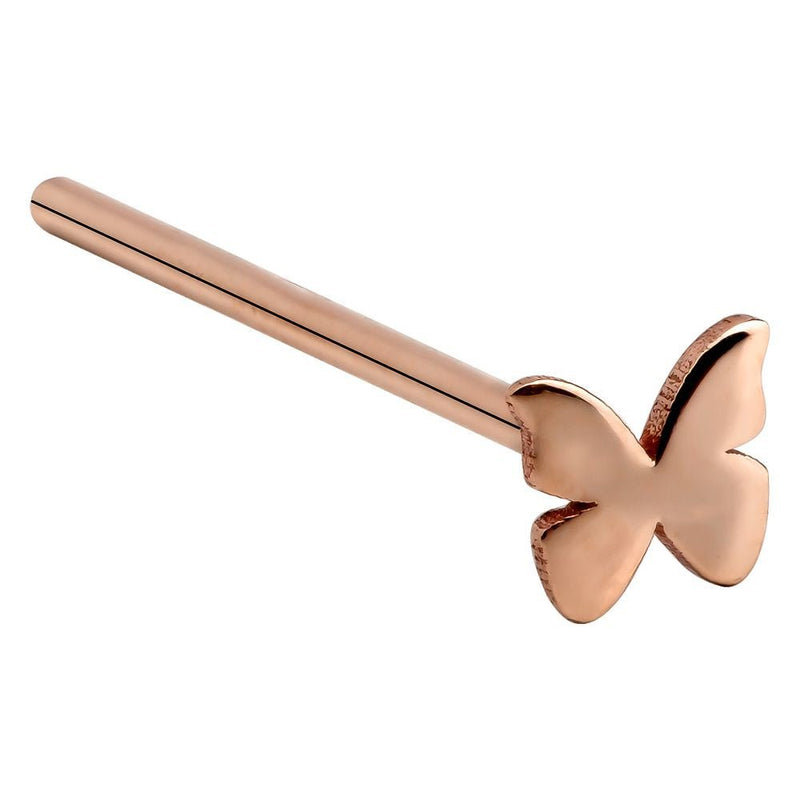 14K rose gold butterfly nose ring straight post style, angled side view on white background