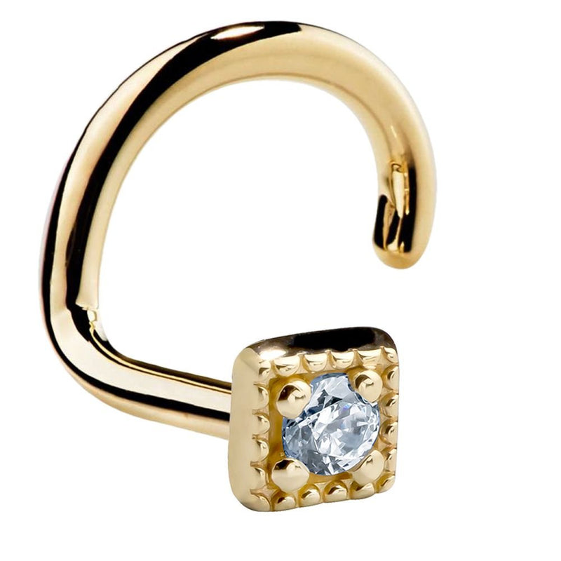 14K yellow gold square CZ nose ring, twist post style shown from angled side view