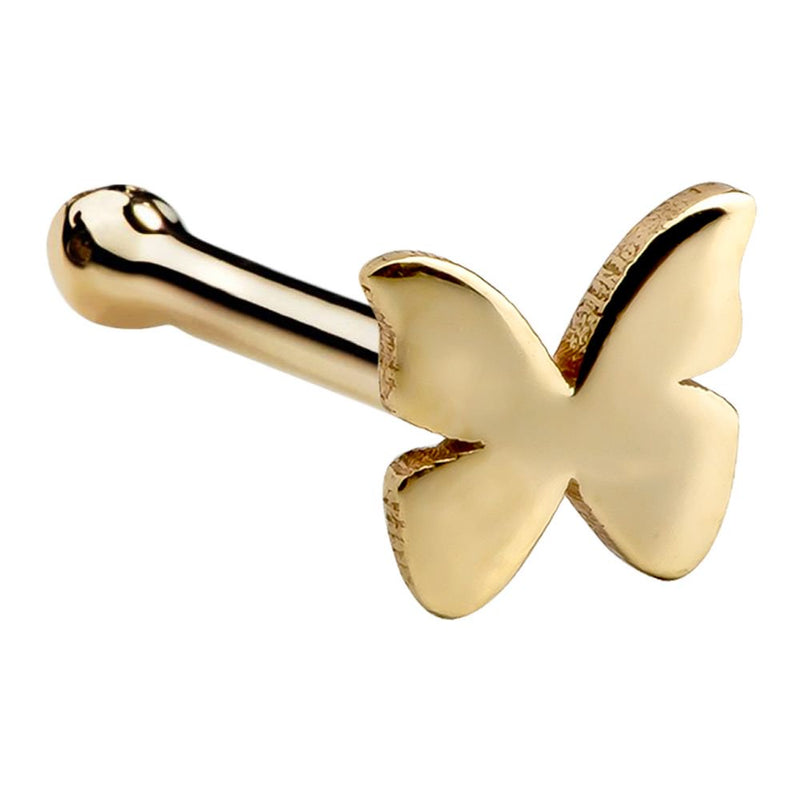 14K yellow gold butterfly nose bone, side angle showing rounded bone tip and charm