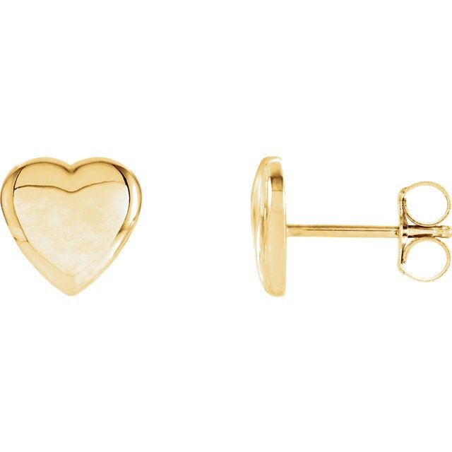 14K yellow gold polished heart stud earrings, front and side view showing push-back post