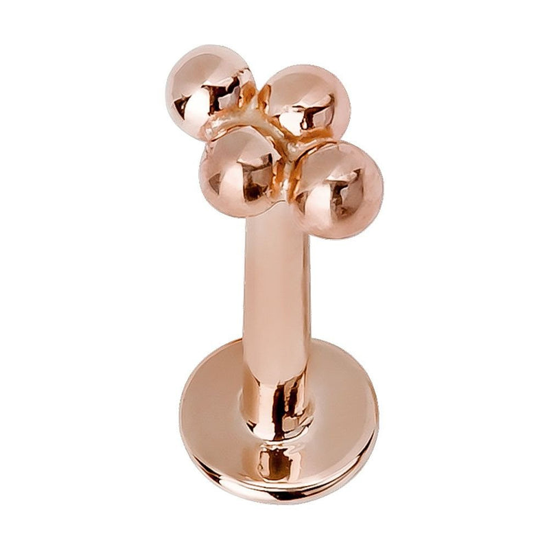 14K rose gold 4-bead cluster flat back labret stud, front view with warm polished finish
