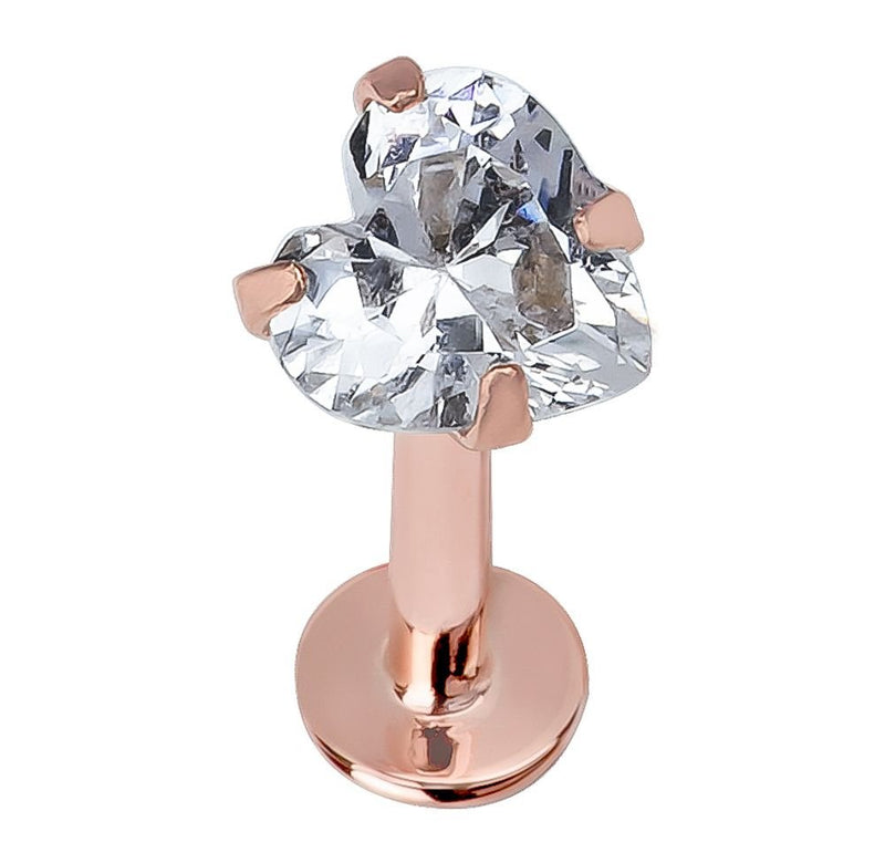 14k rose gold heart CZ flat back labret, front-facing close-up showing faceted CZ and prong setting