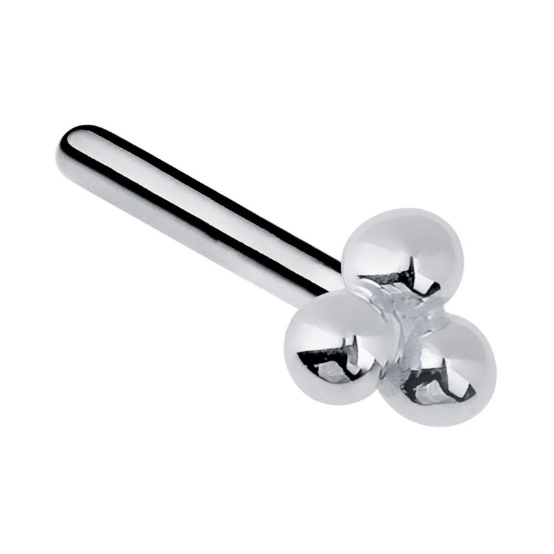 14K white gold trinity bead straight post nose ring with silver-toned three-ball cluster
