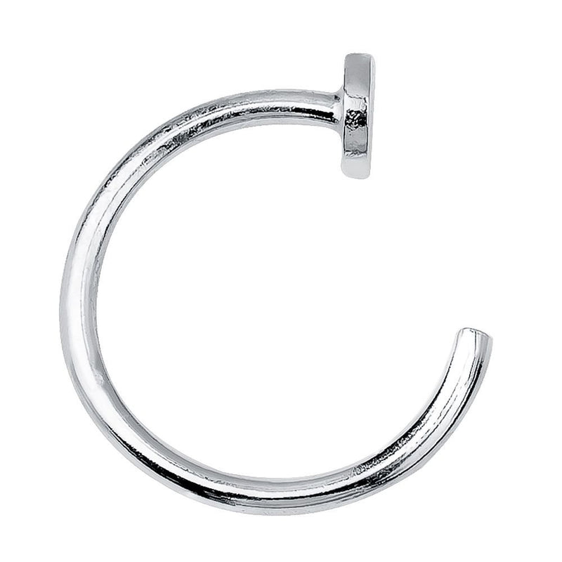 14K white gold nail nose ring hoop, side view highlighting polished flat head and open hoop