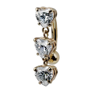 14K yellow gold trinity heart CZ reverse belly ring with three dangling heart stones, side view