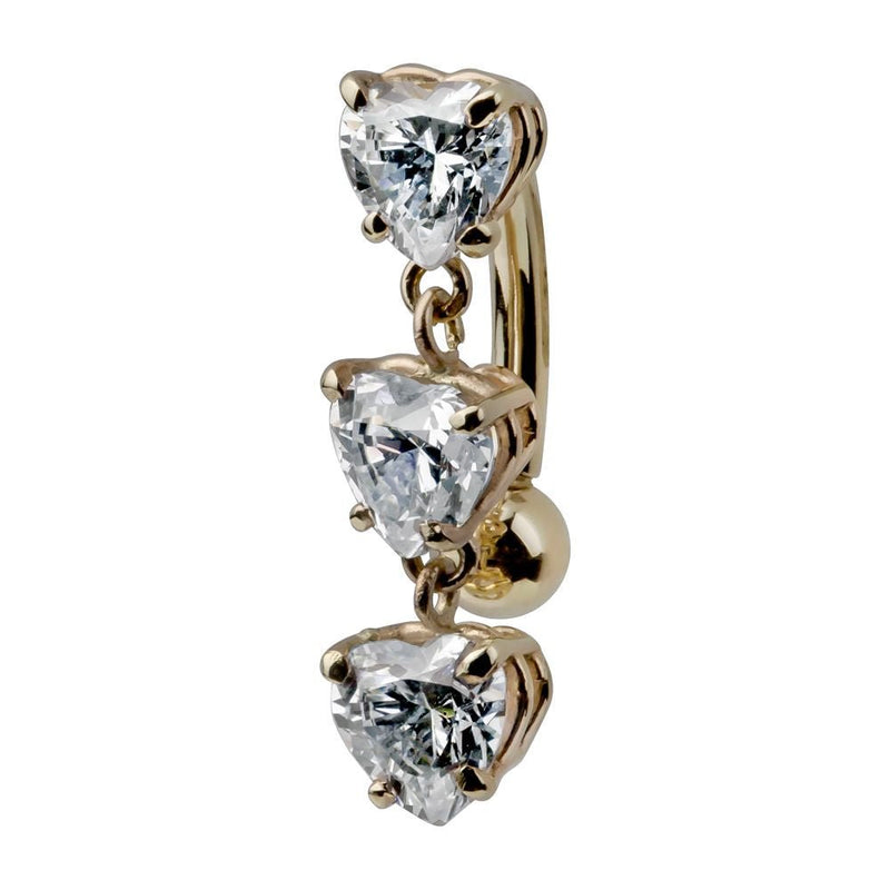 14K yellow gold trinity heart CZ reverse belly ring with three dangling heart stones, side view