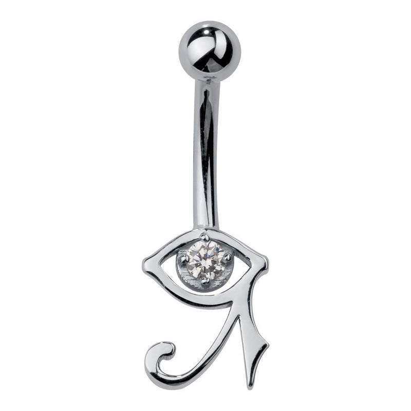 14k white gold Eye of Horus internal belly ring with CZ gem, front view on white background