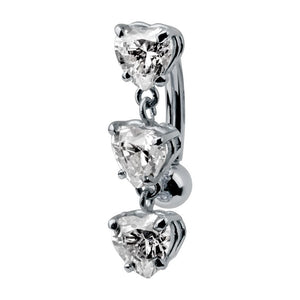 14K white gold reverse navel ring with three cascading heart-cut CZ charms, side view