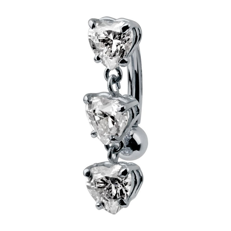 14K white gold reverse navel ring with three cascading heart-cut CZ charms, side view