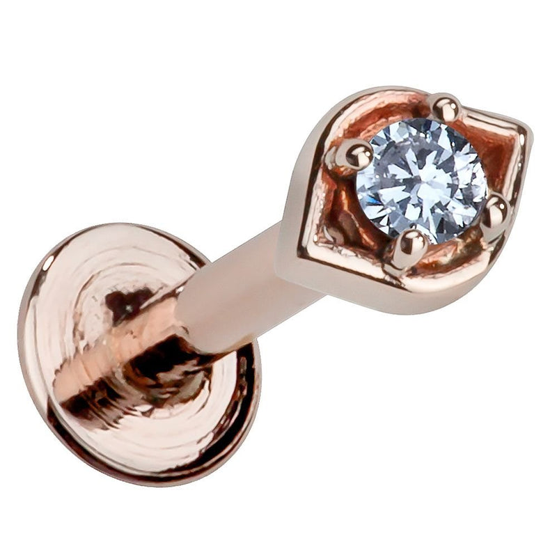 14K rose gold all-seeing eye flat back labret with CZ stone, angled view showing disc backing and post