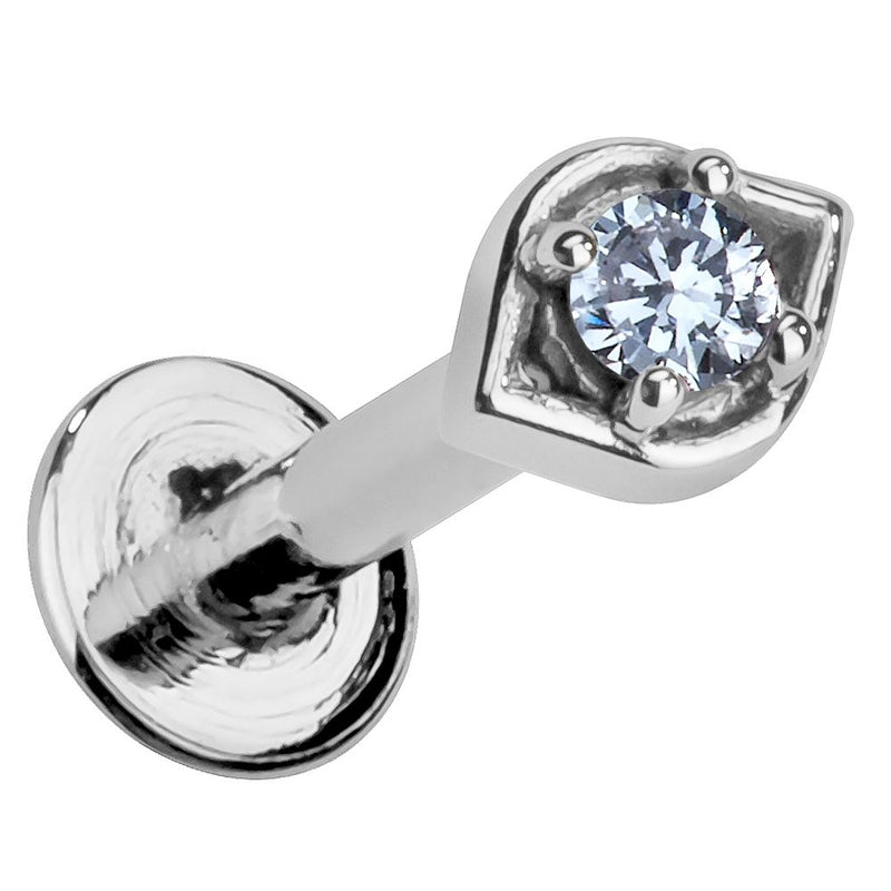 14K white gold all-seeing eye flat back labret with CZ stone in prong setting, angled product view