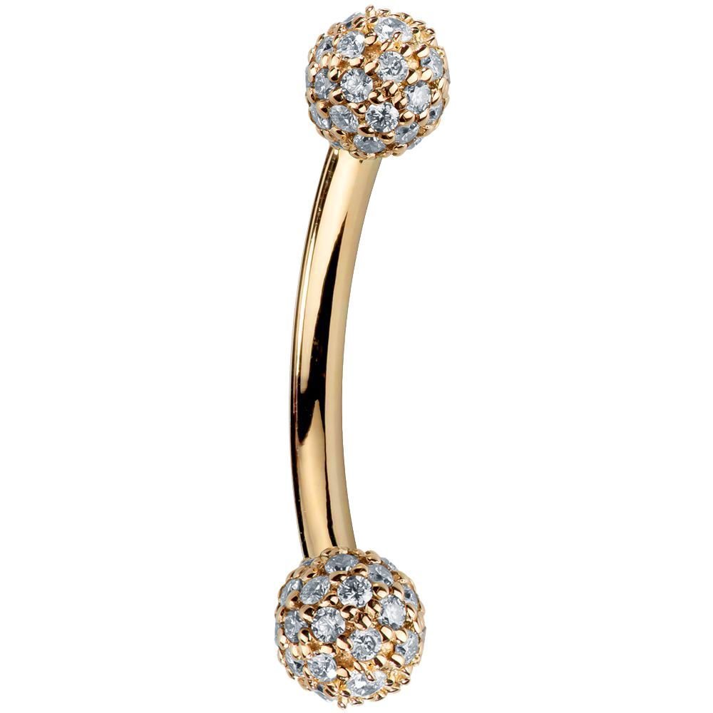 Diamond Pave 14K Gold Curved Barbell 4mm Balls-14K Yellow Gold   14G   3 8"