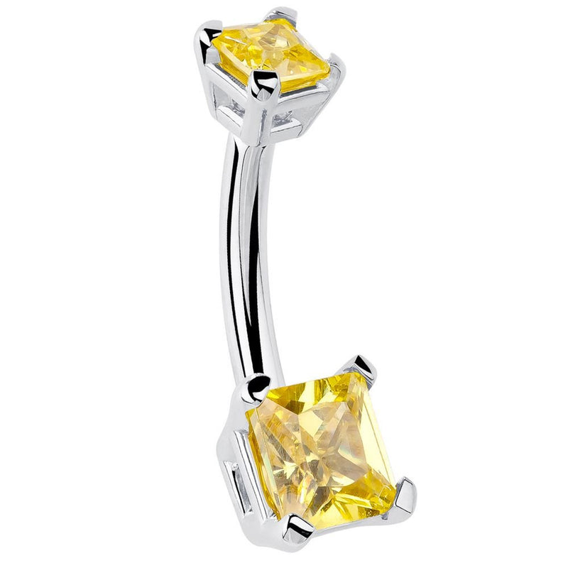 14k white gold belly ring with two princess-cut citrine CZ stones in four-prong basket settings, front view