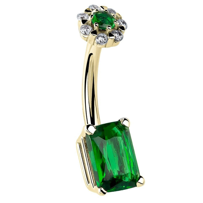 14k yellow gold belly ring with emerald cut green CZ and daisy flower cluster top, angled view