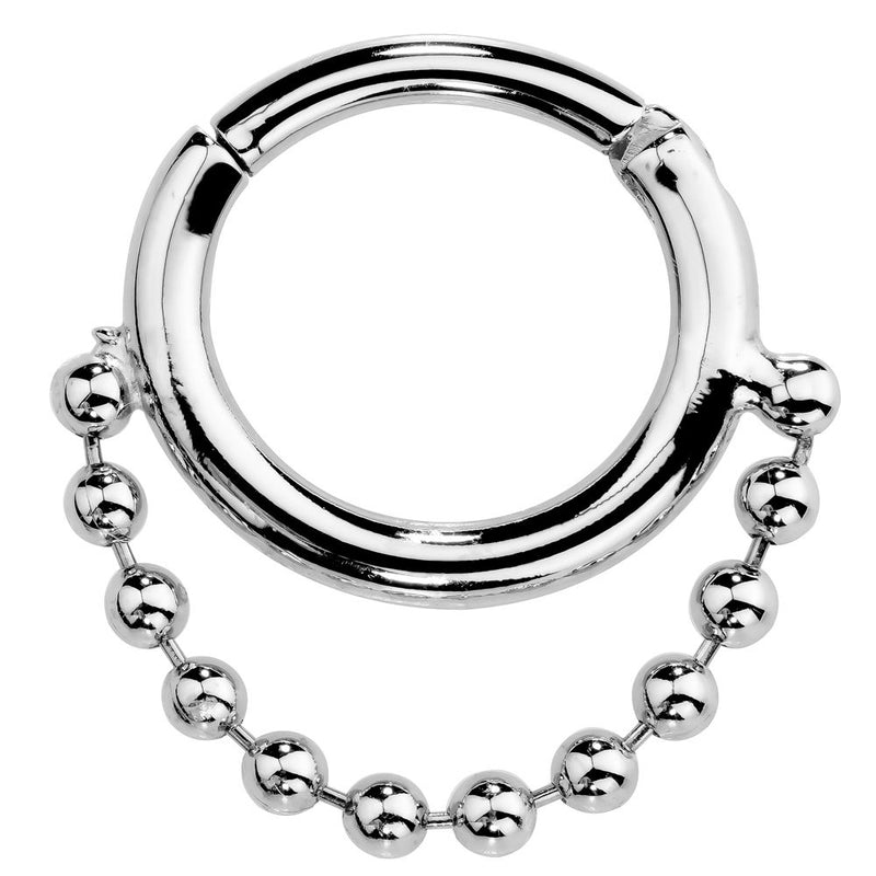 14K white gold beaded chain hinged segment clicker ring, front view with polished finish
