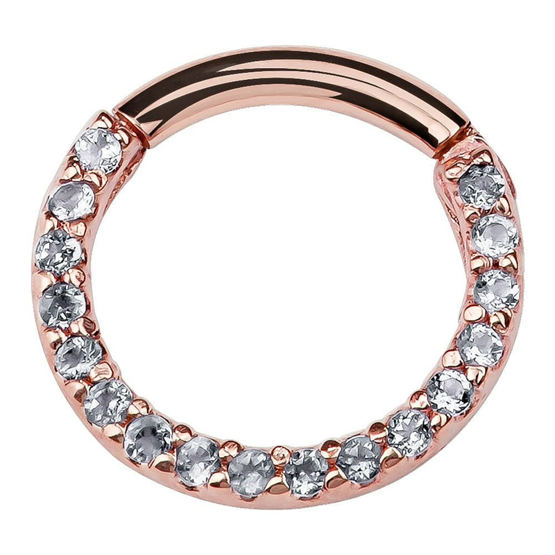 14K rose gold CZ pavé clicker ring with warm pink-gold tone, front view