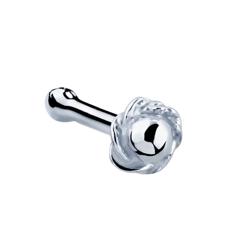 14K white gold rose bud nose bone stud, angled view showing ball end and intricate petal charm
