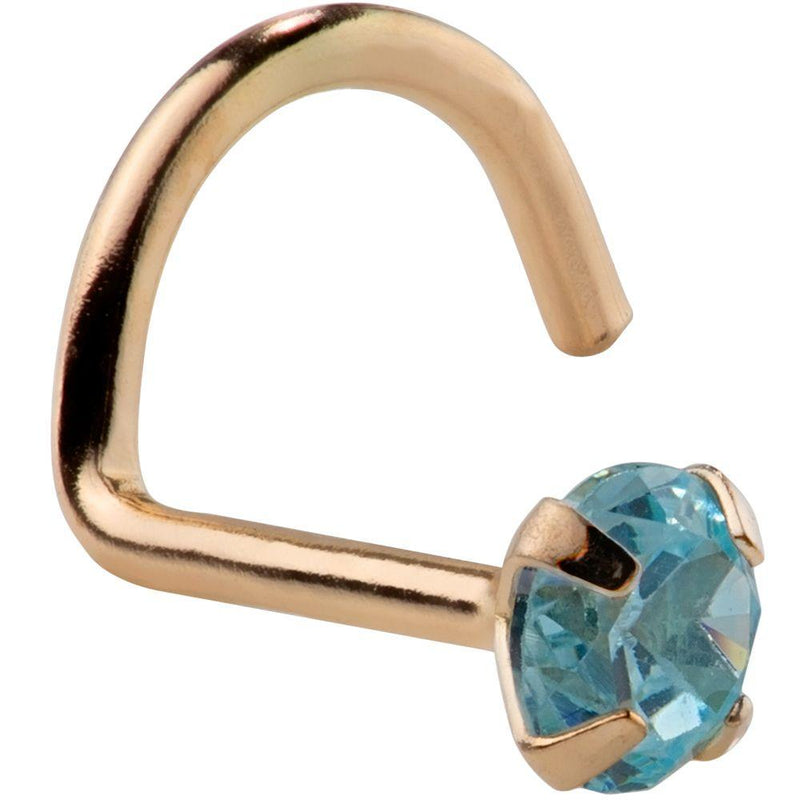 14K rose gold twist nose ring with blue zircon prong setting, front-facing product view