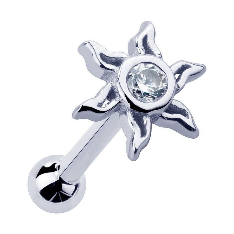 14K white gold sunburst cartilage stud with bezel-set CZ, front angled view on white background