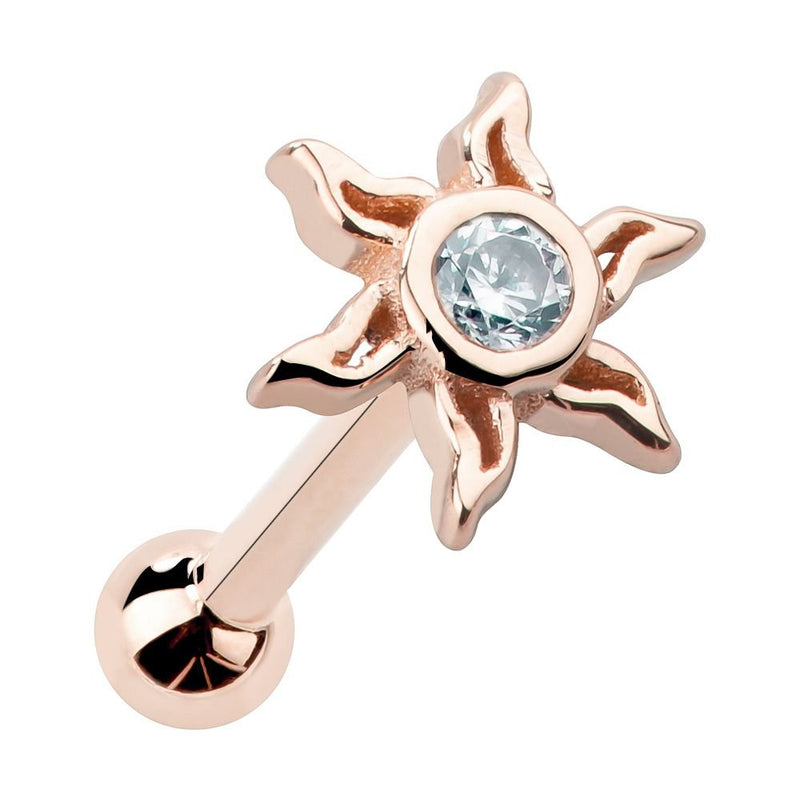 14K rose gold sunburst cartilage stud with CZ center, angled product view on white background