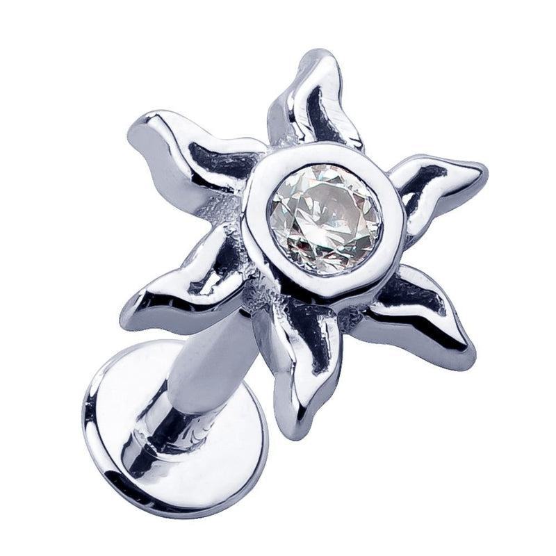 14K white gold sunburst flat back labret stud with bezel-set CZ, angled product view
