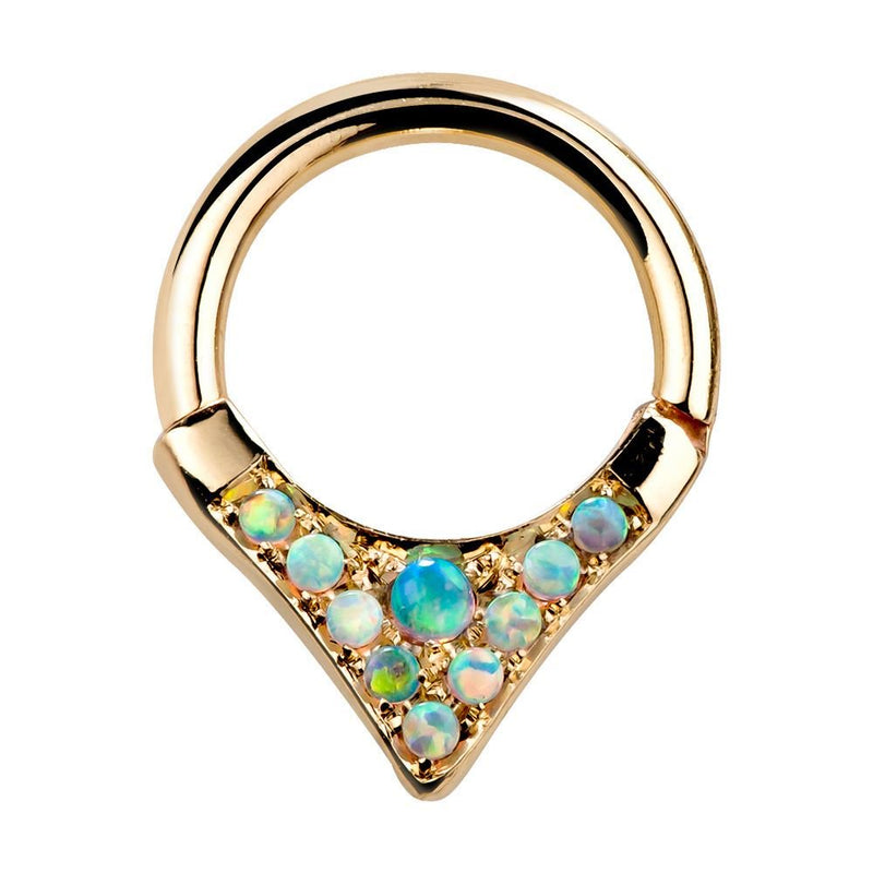 14K yellow gold tribal V-shape opal hinged clicker ring, front view on white background