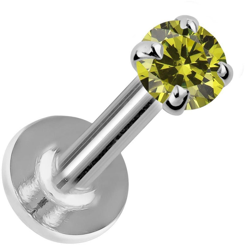 2mm peridot flat back labret in 14K white gold, angled view showing four-prong stone setting