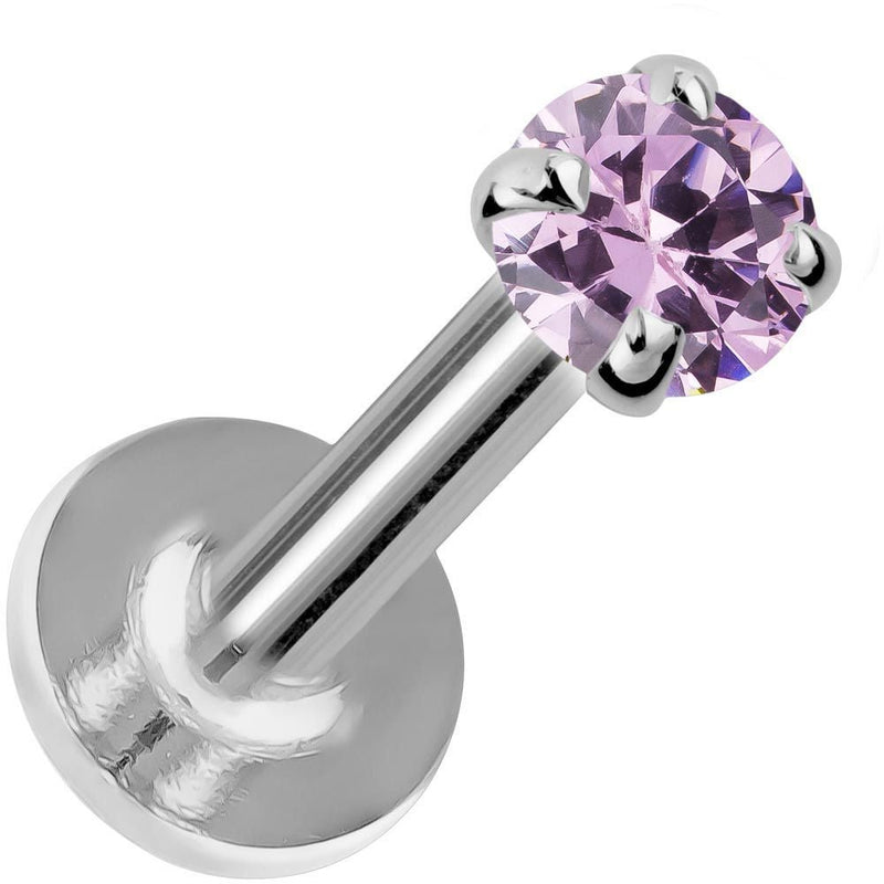 2mm pink sapphire flat back labret in 14K white gold showing four-prong setting and polished disc back